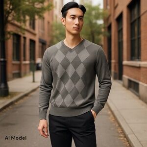 Banana Republic Men's Gray Cotton V-Neck Argyle Knit Sweater‎ Size Large